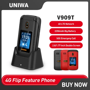 UNIWA V909T 4G Flip Telefon Mare Apăsare Dublă pe Ecran Mobil Radio FM rusă, ebraică Tastatura Clapetă de Telefon Pentru batrani