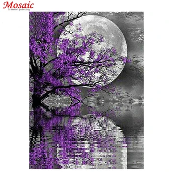 Diamant Broderie Peisaj Plin De Diamante Mozaic Violet Copac Luna Cu Patrat/Rotund Pietre Imagine De Pietre De Diamant De Artă