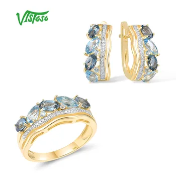 VISTOSO 14K 585 Aur Galben Set de Bijuterii Pentru Femei Spumant Albastru Topaz Cercei cu Diamante Inel Elegant, la Modă, Bijuterii Fine
