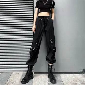 Punk Supradimensionate, Pantaloni Femei Streetwear Lanț Negru Harajuku Coreean Strada Pantaloni Stil Feminin Hip Hop
