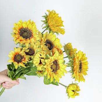 JAROWN Artificiale 3Heads Floarea-soarelui, Flori False Simulare de Flori de Plante Bonsai Decor Nunta INS Wind Decor Acasă Flores