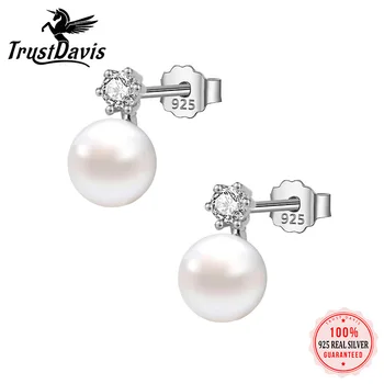 TrustDavis Real Argint 925 Perle Naturale Strălucitoare Zircon Cercei Stud Pentru Femei Fete Petrecere Fine Bijuterii Cadouri ES014