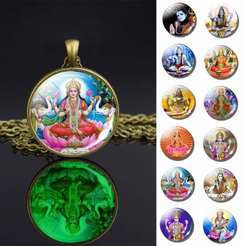 1 buc Luminos Lakshmi, Zeița Dumnezeu Ganesh de Bronz Colier Stralucitoare Hinduism Cabochon Sticla de Bijuterii Pandantiv Amuleta Cadou