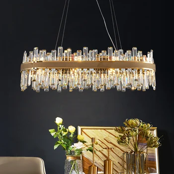 Led-Uri Moderne Candelabru De Cristal Pentru Sala De Mese Creative Design De Lux, Decor Acasă Dreptunghi Lampă De Aur Lumina De Prindere Oval Luciu