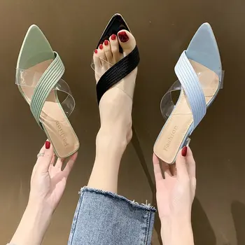 A subliniat Toe Tocuri inalte Femei Papuci Doamna Slip On Casual Jeleu Pantofi de Vară pentru Femei Sandale din PVC Transparent Cristal Pantofi de Femeie