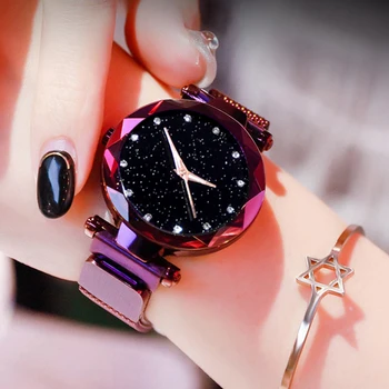 Femeile Cer Înstelat Ceas de Lux Cataramă Magnetică Plasă de Trupa Cuarț Ceas de mână de sex Feminin a Crescut de Aur Ceasuri cu Diamante zegarek damsk