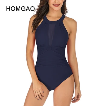 HOMGAO Femei Sexy O singură Bucată de costume de Baie Gât Înalt BodySuit Plasă Ruched Burtica Control Costum de Baie Monokini 2022 Costume de baie Beachwear