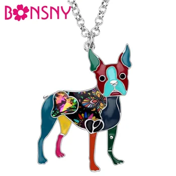 Bonsny Email Aliaj Stras De Cristal Boston Terrier Colier Pandantiv Cravată Animale De Companie Bijuterii Pentru Femei, Fete Cadou De Petrecere