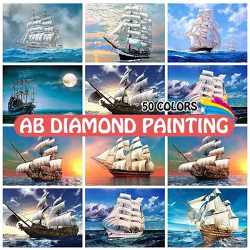 AB masini de Gaurit cu Diamant Kit Pictura Peisaj Mozaic Mare de Feribot 5D DIY Complet Pătrat Rotund Broderie Barcă cu pânze Decor Acasă Craft Hobby