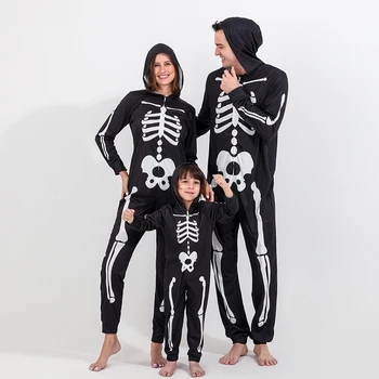 2022 Halloween Familie De Potrivire Haine De Moda Schelet De Imprimare Cu Gluga, Salopeta Pijama Familia Tata Mama Copii Costum De Halloween