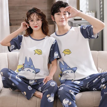 Plus Dimensiune Cuplu Maneca Scurta Pantaloni Lungi Din Bumbac Pijama Seturi Pentru Femei De Desene Animate Drăguț Totoro Sleepwear Costum De Pijama Homewear Haine Barbati