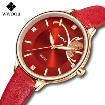 WWOOR 2021 Noua Moda Doamnelor Ceas Pentru Femei Casual din Piele Roșie Rochie de Ceasuri de Top de Brand de Lux Cristal Femei Cuarț Ceas Cadou