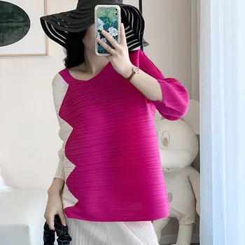 Miyake plisata pentru femei de primăvară nou liber gât t-shirt femei sens de design de culoare de potrivire de top