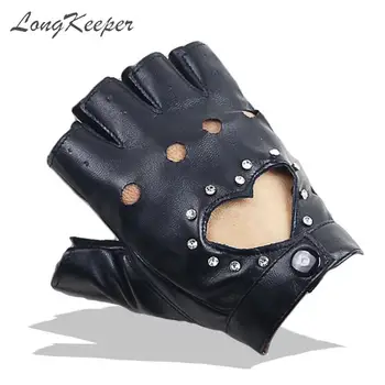 LongKeeper Moda Deget și Jumătate de Conducere Femei Mănuși Fingerless din Piele PU Guante Punk Inima Mănuși Pentru Femei, Negru, Roz, Albastru