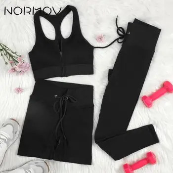 NORMOV Femei 2/3 BUC Fermoar Yoga Seturi de Fitness fără Sudură Costum de Sport Sală de sport Haine de sex Feminin Cordon Sutien de Înaltă Talie pantaloni Scurți, Jambiere