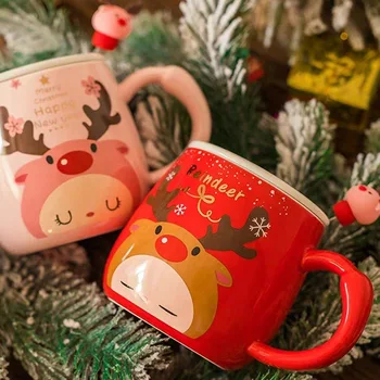 400ml de Crăciun Cerb Roșu Cani Instagram Fată Roz Inima Cana de Ceramica de Desene animate Cuplu Apa de Cafea din Sticlă Sticlă Lingura cu Capac