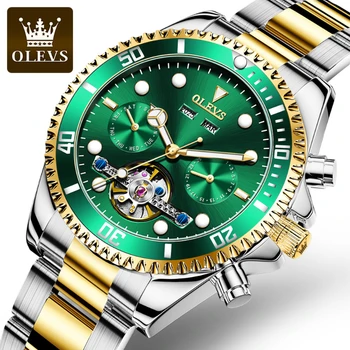 OLEVS Bărbați Ceasuri de Lux Om Clasic Verde de Apă Fantomă Automat Mechanical Ceas de Design Tubular Om Impermeabil Ceasuri de mana