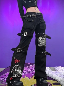 Gotic Y2K Emo Pantaloni Cargo Negru Talie Joasa Techwear Largi Funduri Femei Punk-coreean ' 90 Hip-Hop Harajuku Pantaloni 90 Mama Pantaloni