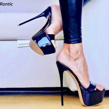 Rontic New Sosire Femei Sandale Cu Platforma Din Piele De Brevet Sexy Stilet Tocuri Sandale Elegante Rochie Neagra Pantofi Marimea 34 45 47 52