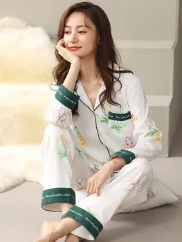 Iarna din Bumbac 100% Pijama Femei Acasă Purta Mâneci Complete Pijama Buton-Jos Casual Pijamale PJ Set Alb Florale Imprimate Pijamale