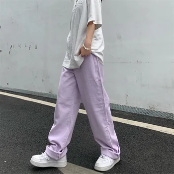 Blugi femei de Epocă Drept Umflat Talie Mare coreeană de Moda Streetwear Casual Femme Pantaloni Largi Picior Violet Mama Denim Pantaloni