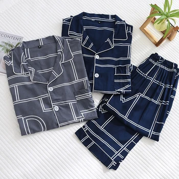 Noua Primavara-Vara Bărbat Subțire Plus Dimensiunea Îmbrăcăminte De Noapte Geometrice Cardigan Homewear Cu Mâneci Lungi, Pantaloni Vascoza Pijamale Pentru Bărbați Seturi