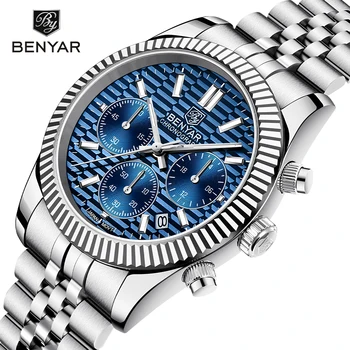 BENYAR Nou de Lux Barbati Ceas Safir de Sticlă Oțel Inoxidabil Cronograf rezistent la apa 100M Bărbați Cuarț ceas de mână reloj hombre