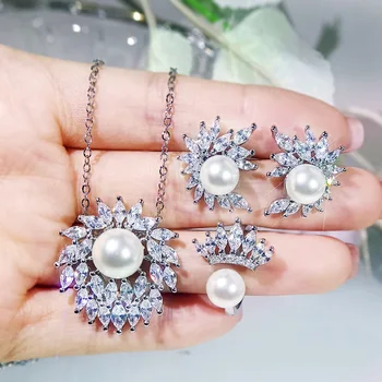 2022 NOU de Lux de Apă Pearl Seturi de Bijuterii pentru Femei S925 Argint Colier Cercei de Mireasa Inele de Zirconiu Cadou frumos