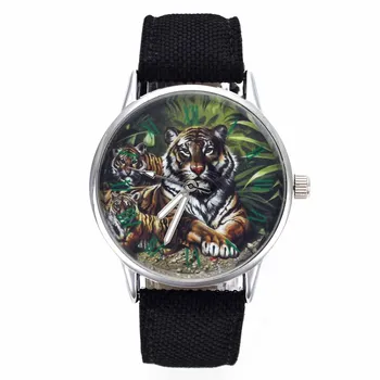 Tiger Pădure Regele Animalelor Femei Barbati Moda Bijuterii Alb Negru Panza Trupa Cuarț Încheietura Mîinii Ceas