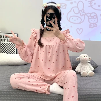 Primavara Toamna Pijamale pentru Femei Puff Mâneci Bumbac coreean Pierde cu mâneci Lungi Pantaloni de Pijamale Drăguț Haine de Acasă Set de Două piese