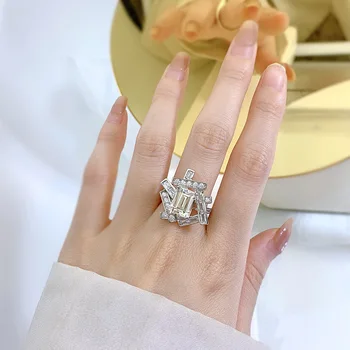2022 noi argint 925 4 carate smarald tăiat ridicat de carbon diamant geometrice inel cu diamant Euro-American ins