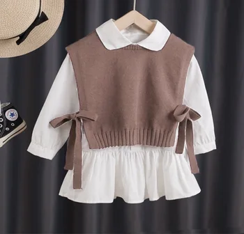 2022 moda Toamna Brand Fete pentru Copii Haine de Tricotat Pulover Vesta +Camasi rochie 2 buc/set Fete de Îmbrăcăminte Seturi de Copii costum Vesta