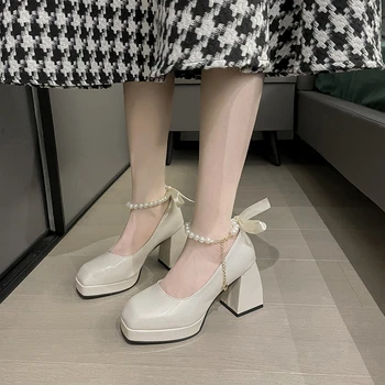 Pantofi pentru Femei 2022 Vara Noi Margele de Moda Papion Tocuri inalte pentru Femei de Toate-meci pantofi Sandale Mary Jane Tocuri Indesata