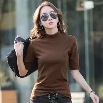 Poleras Mujer De Vara Femei T Shirt 2022 Stand Guler Bumbac Tricouri Stil Coreean Haine Topuri De Femei Pe Jumătate Maneca Tricou Femme