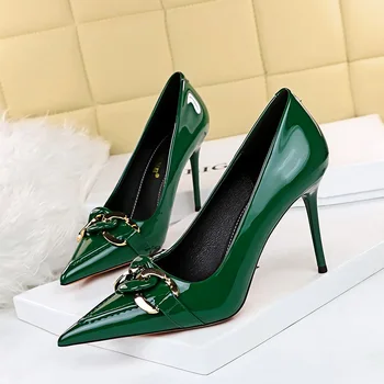 BIGTREE Pantofi Femei Pompe de Brevete din Piele Tocuri Înalte de Moda Pantofi cu toc pentru Femei Stiletto Lanț Cataramă Pantofi de Partid 9.5 cm
