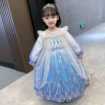 Fete Rochie Frozen 2 Costum Halloween Copii Maneca Lunga Albastru Printesa Rochie De Petrecere De Aniversare Pentru Copii Paiete Plasă De Rochii