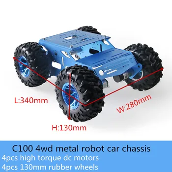 C100 4wd Metal Robot Inteligent Auto Chassis Kit 130mm Cauciuc Roata Mare Cuplu Motor de curent continuu 5KG Sarcina DIY Pentru Arduino Educație Jucarii