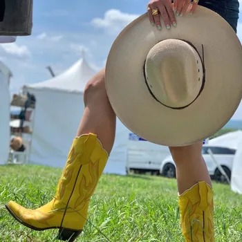 2022 Brand Cowboy Western Cizme Pentru Femei Pană Călcâi Brodate Cowgirl Mid Calf Boot Aluneca Pe Debarasarea Cizme Pantofi De Sex Feminin
