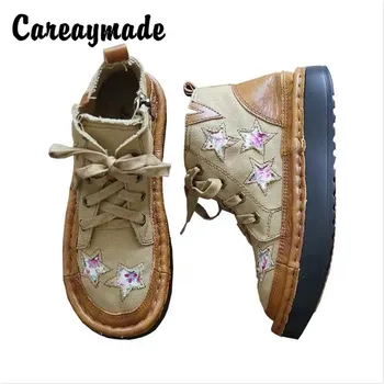 Careaymade-Femei cizme retro din piele ghete casual pentru femei,realizate manual cu fund gros brioșă cizme scurte Aplicatiile cizme