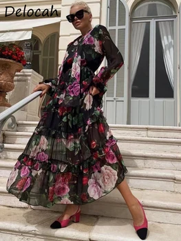 Delocah De Înaltă Calitate, De Vara Femei Designer De Moda Vacanta Mare Leagăn Rochie Cu Maneci Lungi Shirring Volane Florale Imprimate Rochii