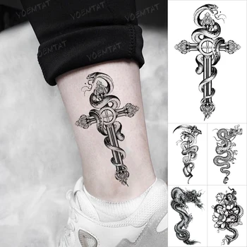 Negru Tatuaj Temporar Autocolante Transfer Snake Dragon Cruce Încheietura Gleznei Realist Tatuaj Body Art Fals Tatuaj Cool Bărbați Femei