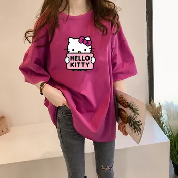 Hello Kitty cu Maneci Scurte T-Shirt Femei Vara petrecere a timpului Liber Liber coreean Gât Rotund Vrac de Imprimare de Bază pentru Femei T-Shirt Cadou de Ziua de nastere