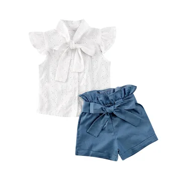 1-6Y Summer Infant-Copii Haine Fete Seturi Arc Volane Dantela Maneca Flori Tricouri Topuri+pantaloni Scurți Albastru