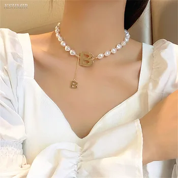 Imitație Perla Cravată Colier Dulce Aur lit. B Pandantiv Colier pentru Femei Fata 2022 Tendință Elegant de Bijuterii de Nunta