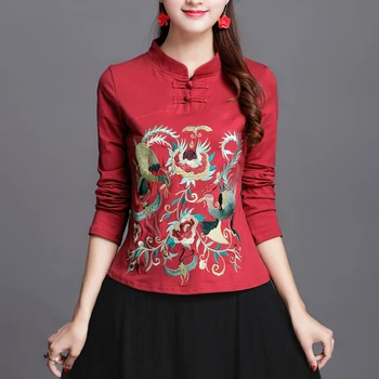 Etnice din china Broderie cu maneci Lungi tricou Femei Elegante Stand guler Plus dimensiune 95% Bumbac Bottom Tee Shirt Doamnelor Topuri
