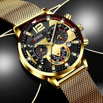 Brand de Top Barbati Ceas de Aur de Lux din Oțel Inoxidabil Plasă Curea Cuarț Ceasuri de Afaceri din Piele Mens Luminos Ceas relogio masculino