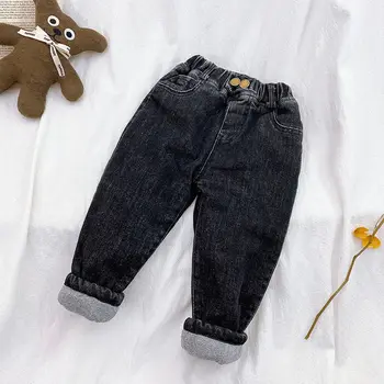 Copii de Iarna Băiat Blugi de Culoare Solidă Lână Termică Casual Pantaloni din Denim Pentru Baieti de Bebelus Haine de Bumbac captusite 2T Copilul Pantaloni Cald