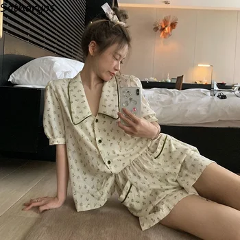 Pijama Seturi pentru Femei Floral Design Casual Simplu, Guler de Turn-down Vara Sleepwear Buzunare Moda Licitație Stil coreean Casă Confortabilă