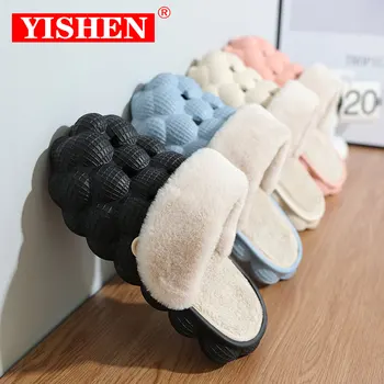 YISHEN Unisex de Iarna Slide-uri Pentru Femei Papuci de Interior Om Slide-uri cu Bule Masaj Litchi Designer de Moda Cald Flecee Bărbați Saboți