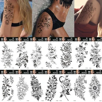 Rezistent La Apa Schiță A Crescut Tatuaje Temporare Autocolant Transfer De Apă Negru Flori De Lungă Durată Frumusete Brațul Picioare Tatuaje Body Art